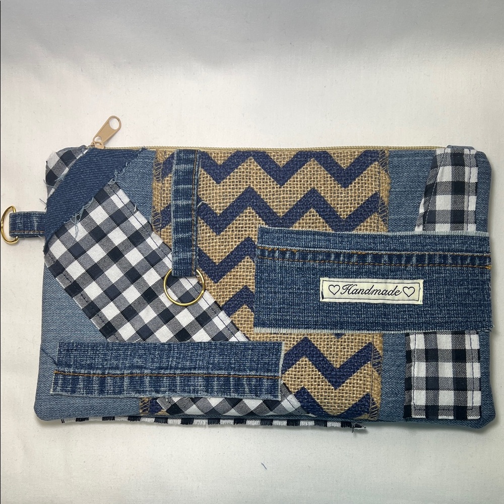 Handmade Blue and Tan Patchwork Clutch - Picture 1 of 7